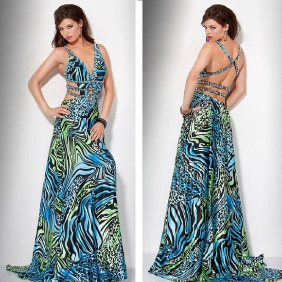 NWT Beyond Division of Jovani Prom Dress Size 0 Cut Outs Animal Print Formal